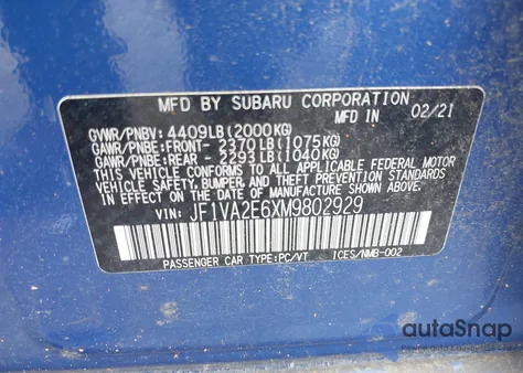 2021 Subaru Wrx Sti z USA, uszkodzony, nr VIN JF1VA2E6XM9802929